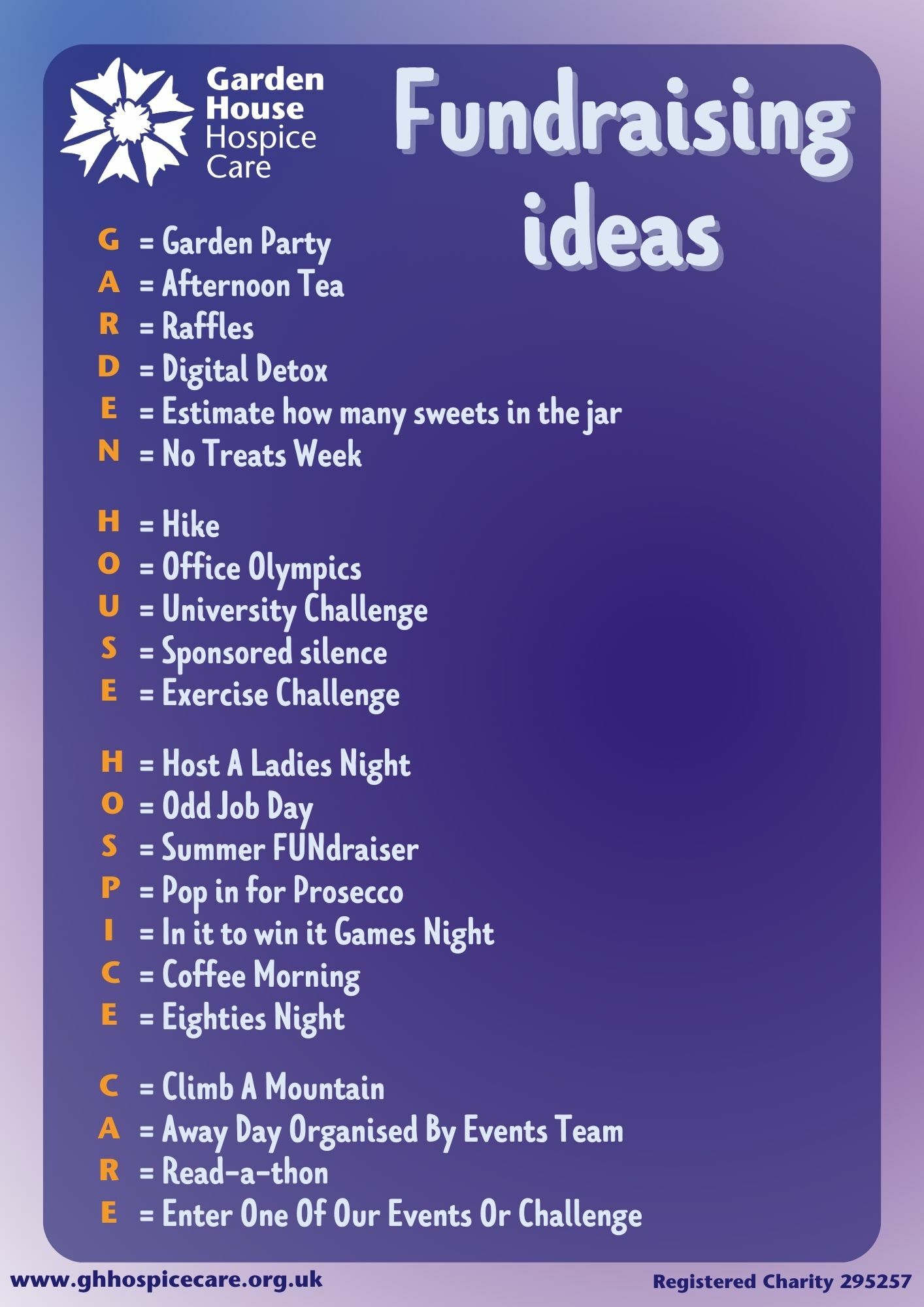 Fundraising ideas poster - Garden House Hospice Care